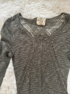 Hippie Rose Olive Open-Knit V-Neck Sweater